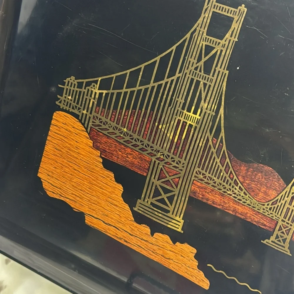 Couroc Golden Gate Bridge Tray MCM Black Lacquer Gloss Inlayed Wood and Metal